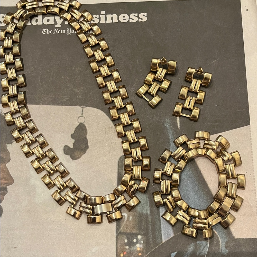 Gold-Tone square collar Chain Necklace and Bracelet Set/and earrings